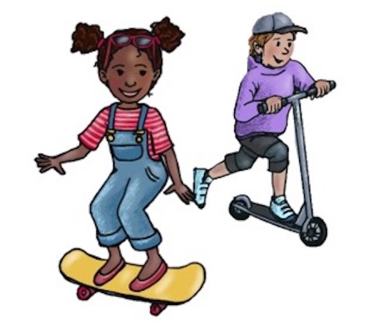 Mädchen fährt Skateboard und Junge mit Tretroller