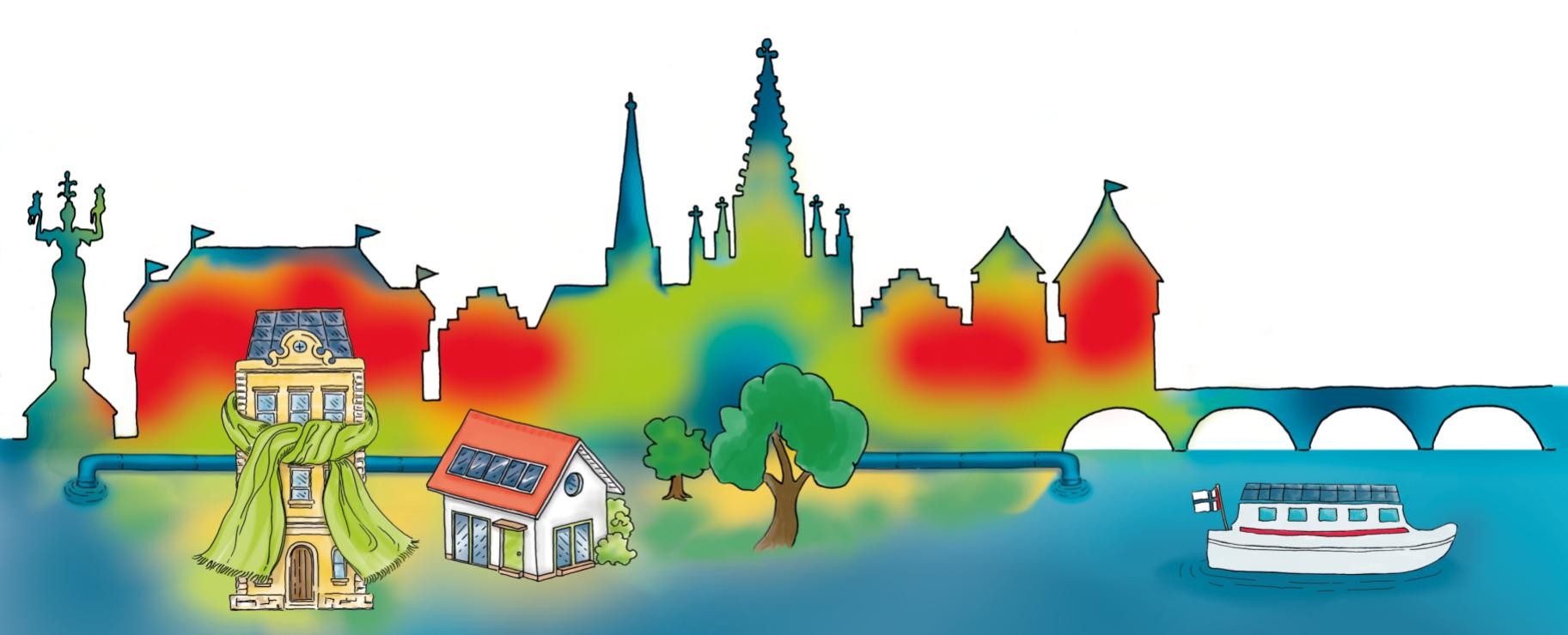 Illustration der Konstanzer Skyline, die in der Art einer Wärmebildkamera in Grün-, Rot- und Blautönen eingefärbt ist. Im Vordergrund zwei gezeichnete Häuser mit Photovoltaik auf dem Dach, zwei Bäume und eine Solarfähre.