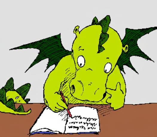Schwarz-Weiß-Zeichnung eines Drachen, der in ein Buch schreibt