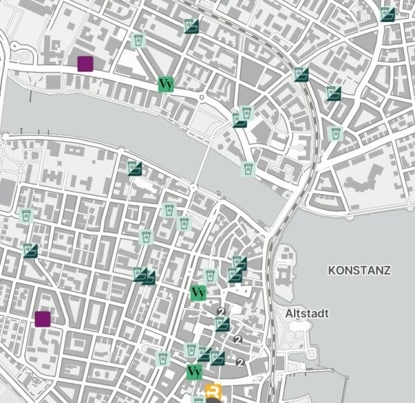 Kartenausschnitt, der zeigt, wo es in Konstanz Mehrwegangebote gibt