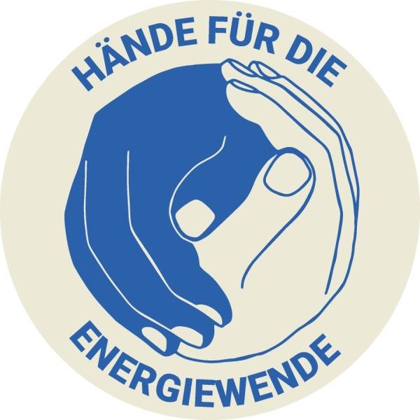 Rundes Logo mit zwei ineinander greifenden Händen und dem Text „Hände für die Energiewende“