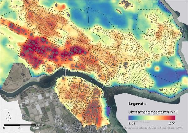 Stadtkarte, die Oberflächentemperaturen der Stadt Konstanz anzeigt