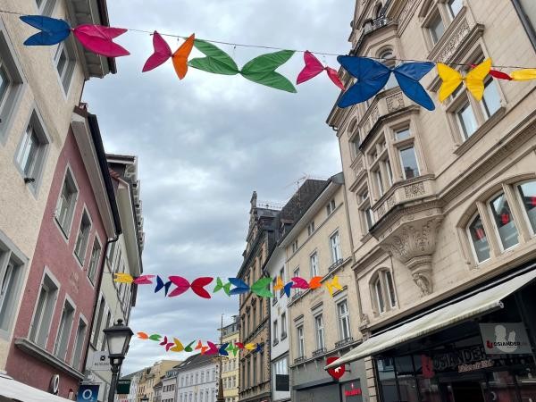 Bunte Stoffschmetterlinge hängen an Seilen über eine Einkaufsstraße gespannt. Links und rechts die Gebäudefassaden, darüber bewölkter Himmel.