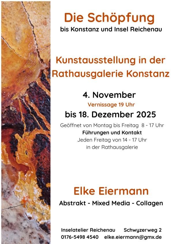 Plakat mit Text zur Ausstellung und abstraktem Bild am rechten Bildrand