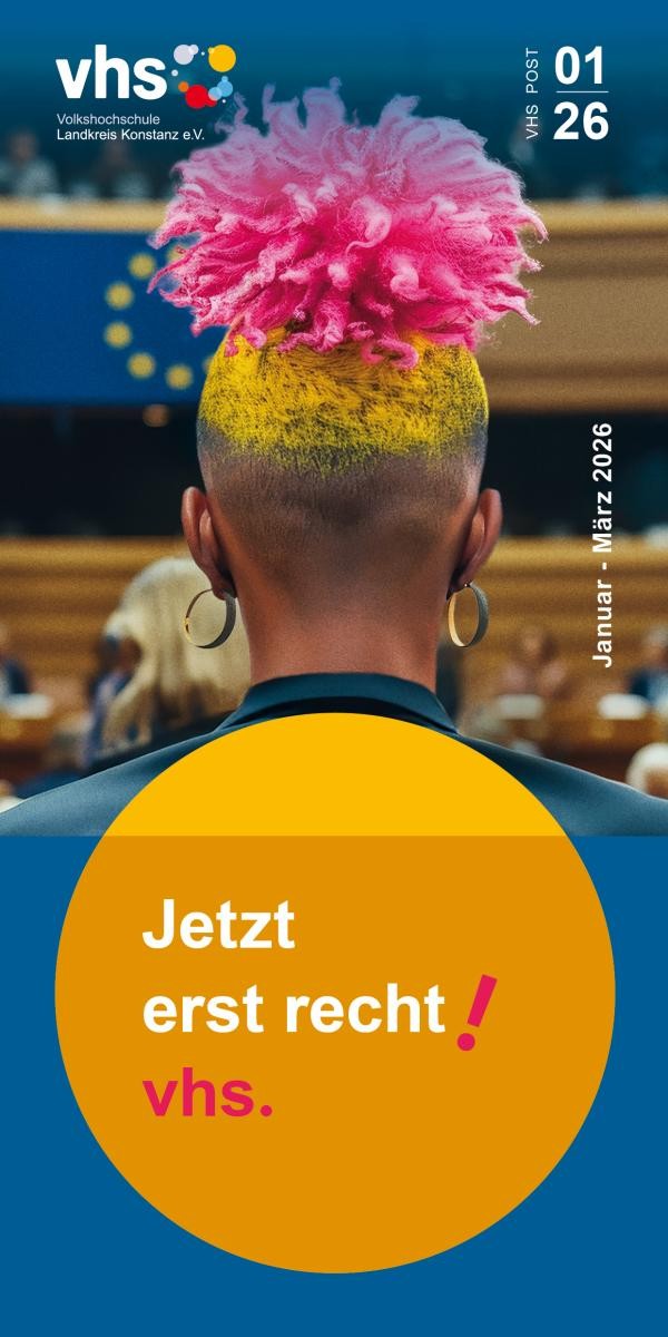 Copyright vhs Cover des Flyers mit einem Hinterkopf und einer Grafik in Form eines gelben Kreises mit dem Text "Jetzt erst recht! vhs." darin