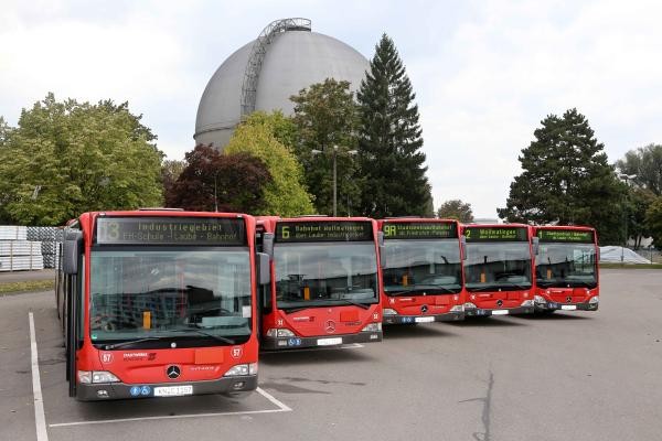 Mehrere rote Busse stehen nebeneinander