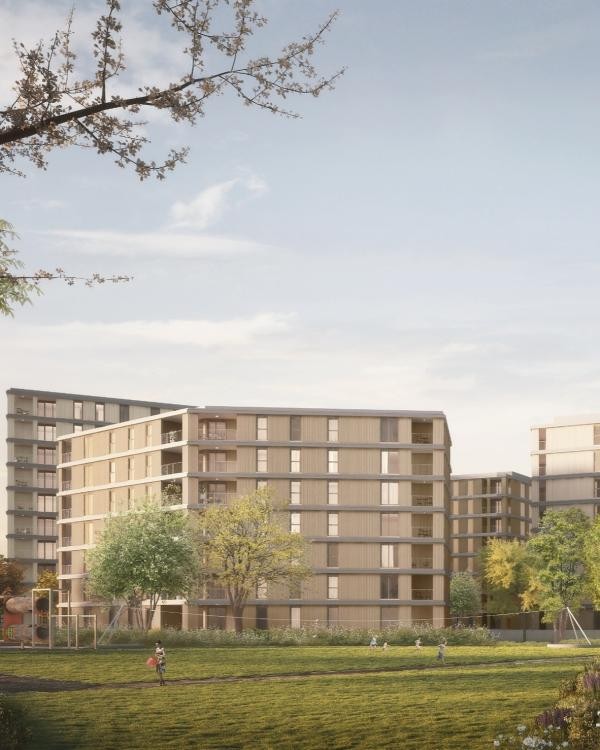 Visualisierung mehrerer Gebäude; im Vordergrund eine Grünfläche