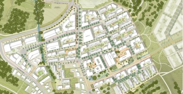 Städtebaulicher Rahmenplan des Quartiers Hafner in der Vogelperspektive: Der farbige Lageplan zeigt ein geplantes Wohngebiet mit strukturierten Gebäudeblöcken, Straßen, Grünzügen, Baumreihen und Freiflächen. Am westlichen Rand verläuft ein Gewässer, im Norden grenzt das Quartier an bestehende Bebauung.