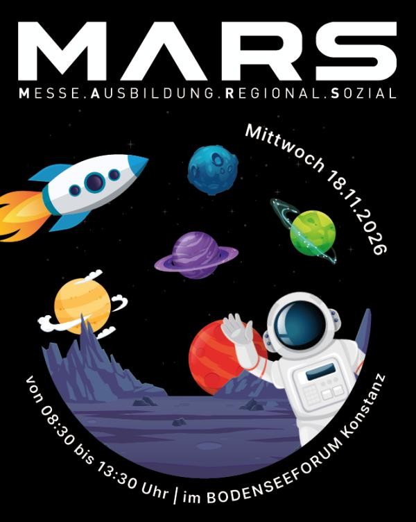 Plakat mit schwarzem Hintergrund und dem Titel "Mars" in Weiß. Auf dem Plakat sind auch ein Astronaut, eine Rakete und mehrere Planeten abgebildet.
