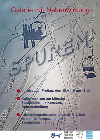 Ausstellungsplakat "Spuren": Skispuren auf einer Piste aus dem Sessellift fotografiert