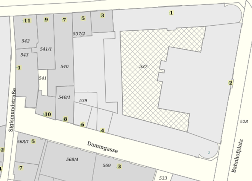 Abbildung 1: Nicht amtlicher Ausschnitt aus dem LiKa mit Darstellung von Flurstücken, Flurstücksnummern, Gebäuden, Hausnummern, Straßennamen