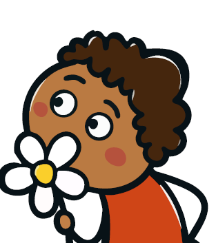 ein Kind mit Blume in der Hand, das interessiert nach rechts oben guckt