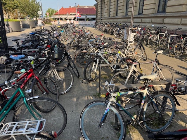Das Bild zeigt eine Vielzahl an chaotisch abgestellten Fahrrädern auf der Konstanzer Marktstätte. Im Hintergrund sind mehrere Gebäude zu sehen, sowie der Horizont.