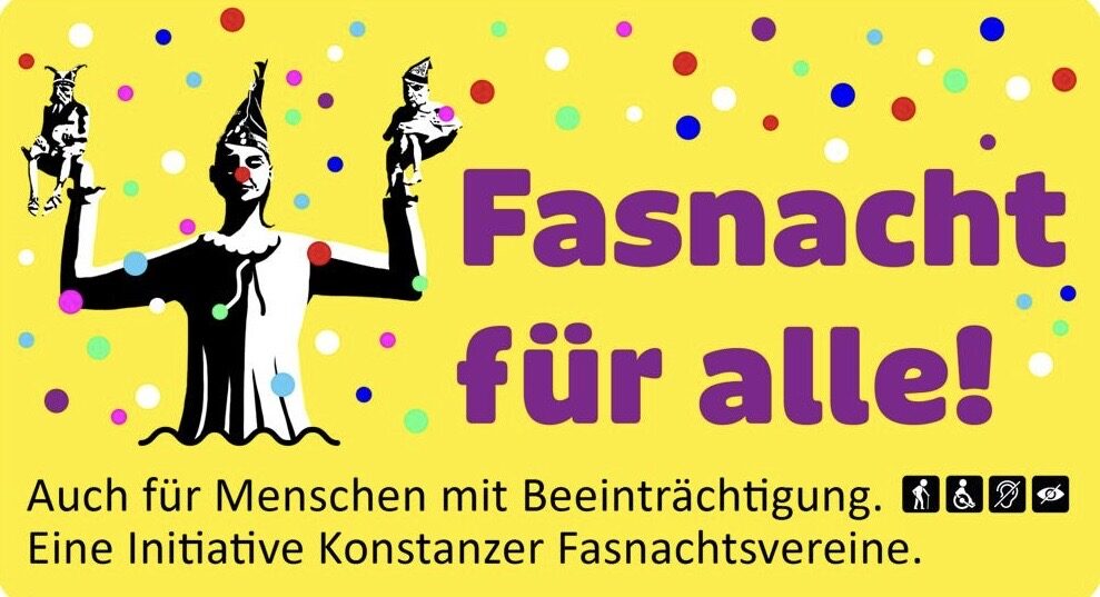 Plakat "Fasnacht für alle!" mit gelbem Hintergrund und buntem Konfetti