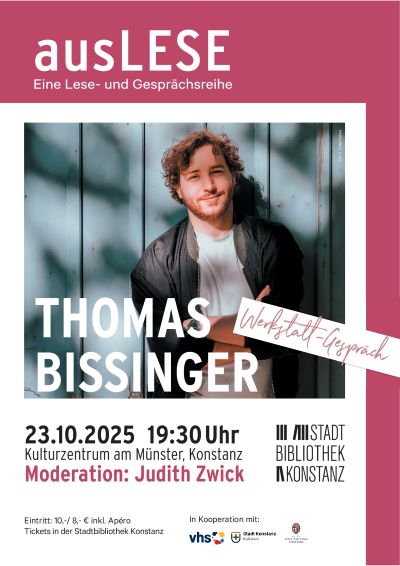 Plakat für die ausLESE mit Thomas Bissinger mit einem Foto des Autors