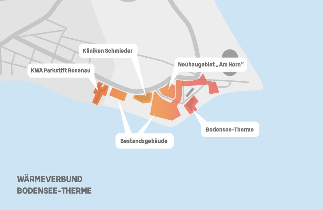 Karte mit Markierung des Wärmeverbunds Bodensee-Therme