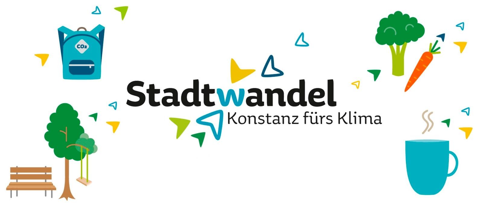 Schriftzug "Stadtwandel - Konstanz fürs Klima", um den Text herum Zeichnungen: ein Rucksack, Gemüse, einer Kaffeetasse, eine Bank mit Baum daneben