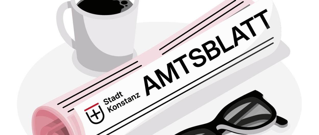 Illustration einer Kaffetasse, einer schwarzen Brille und eines zusammengerollten Amtsblatts