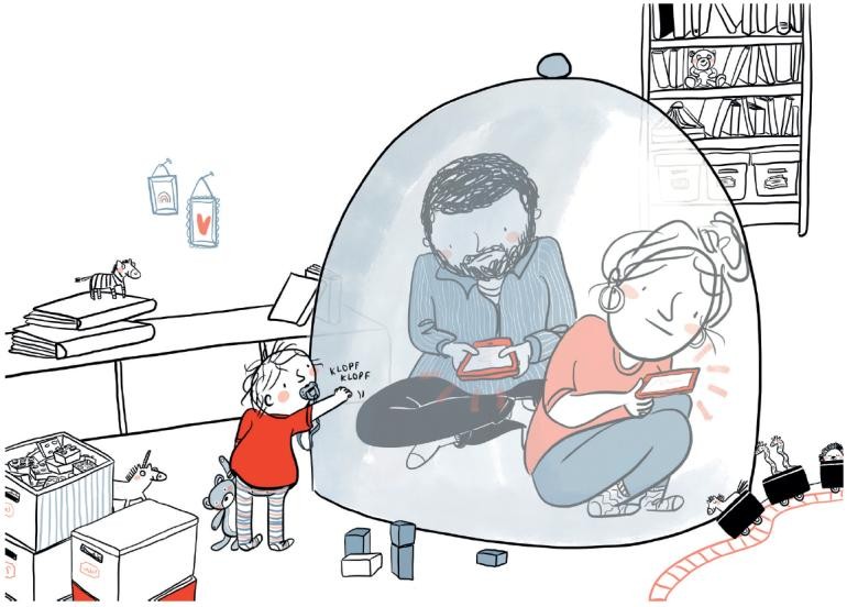 Illustration: Eltern sitzen mit ihren Smartphones unter einer Glasglocke; das Kind klopft von außen gegen das Glas