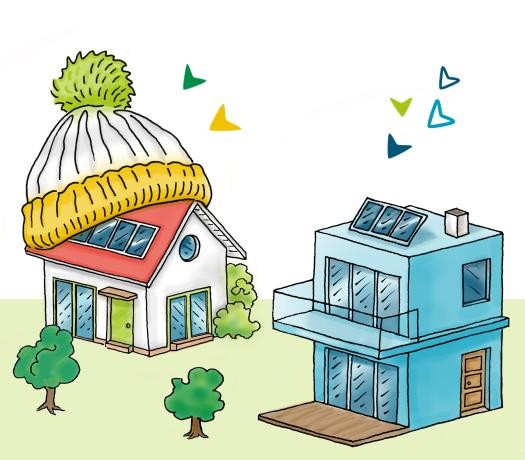 Illustration zweier Häuser mit PV-Anlagen, eines davon trägt eine Mütze auf dem Dach