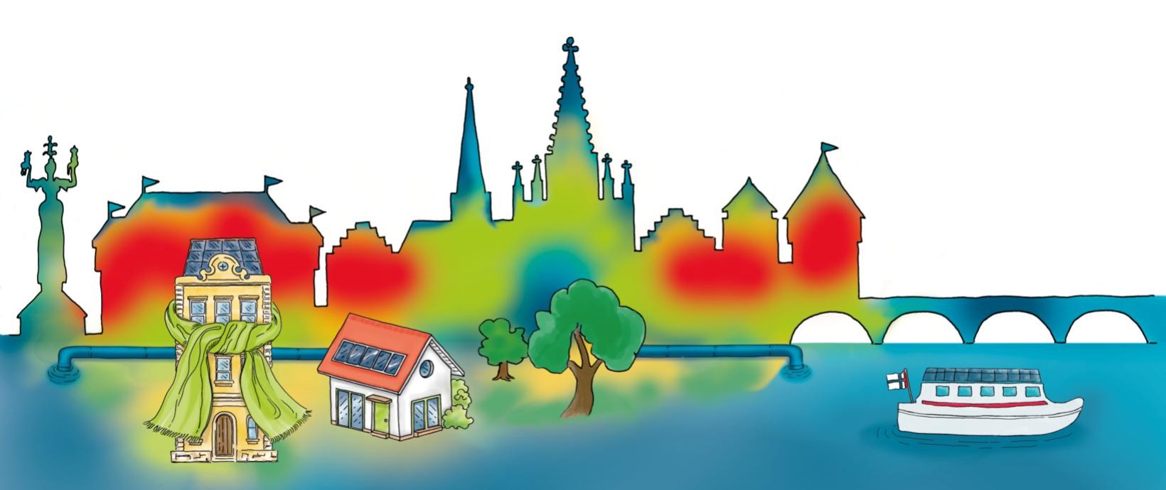 Illustration der Konstanzer Skyline, die in der Art einer Wärmebildkamera in Grün-, Rot- und Blautönen eingefärbt ist. Im Vordergrund zwei gezeichnete Häuser mit Photovoltaik auf dem Dach, zwei Bäume und eine Solarfähre.