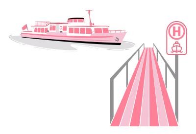 Das Bild zeigt das moderne Konferenzgebäude „Bodenseeforum Konstanz“ bei strahlendem Sonnenschein. Es liegt direkt am Ufer des Rheins, umgeben von Bäumen und einer Promenade. Rechts unten ist ein weißes Symbol für einen Wasserbus eingeblendet.