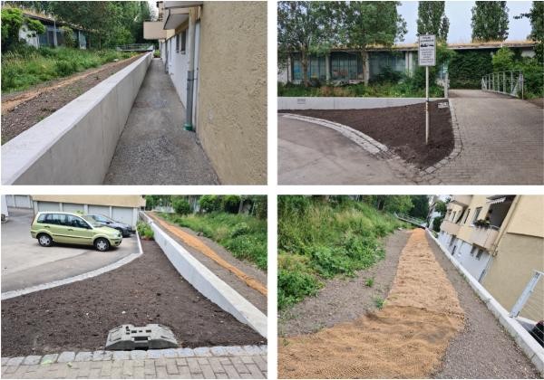 Die Bilder zeigen frisch angelegte Hochwasserschutzmauern und neu gestaltete Böschungen entlang eines Wohngebäudes. Der Bereich ist teilweise mit Erde, Schotter und schützenden Matten abgedeckt. Im Hintergrund sind Parkplätze, Grünflächen und ein Fußweg mit Brücke zu sehen.