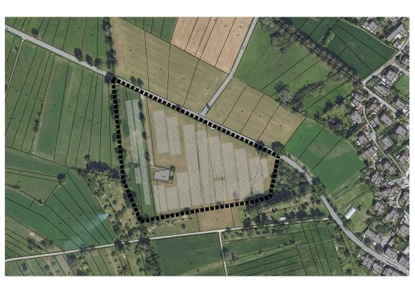 Luftaufnahme mit eingezeichneter Grundstücksumrandung