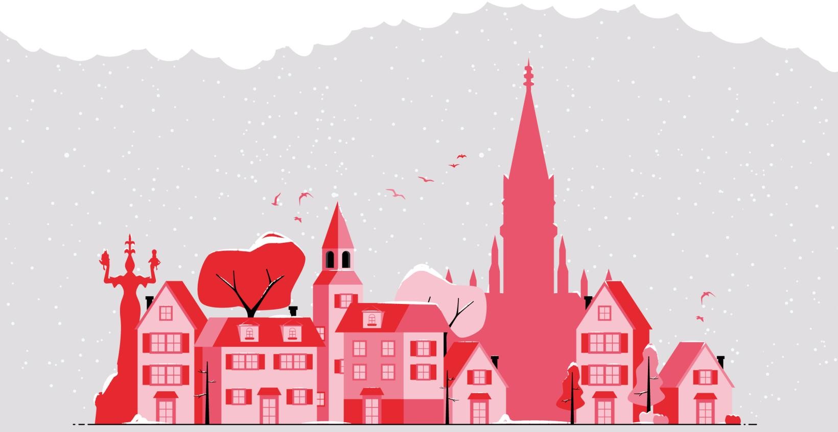 Zeichnung einer Häuserreihe in Rot-Tönen vor einem grauen Hintergrund