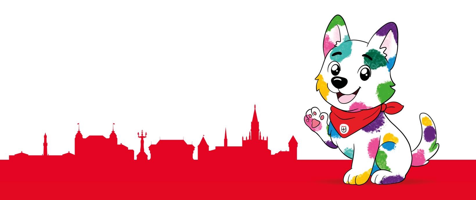 Zeichnung eines bunt gefleckten, kleinen Hundes mit rotem Halstuch; im Hintergrund Illustration der Konstanzer Skyline in Rot