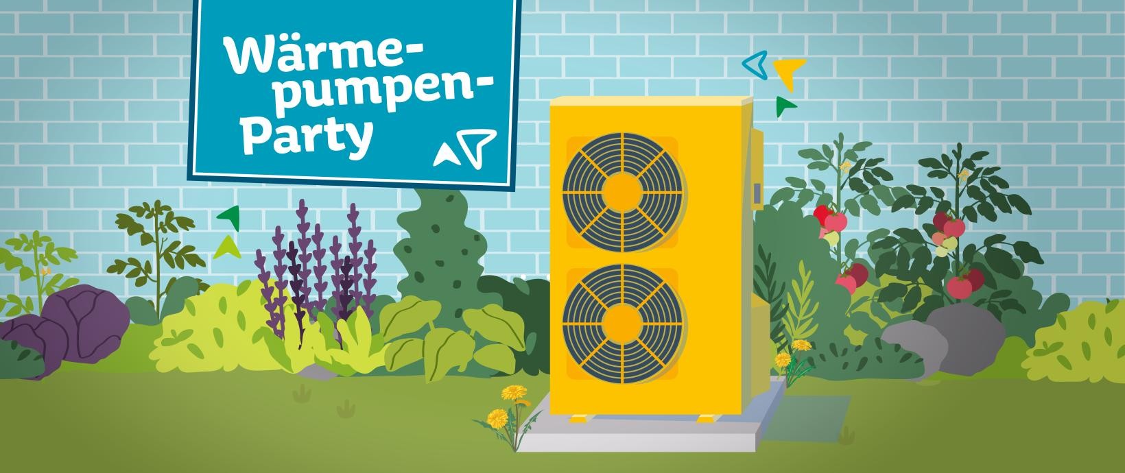 Zeichnung einer gelben Wärmepumpe auf einer Wiese. Dahinter Pflanzen und Blumen und eine blaue Backsteinwand mit dem Schild "Wärmepumen-Party"