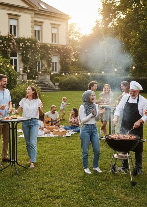 Menschen in einem Garten vor einer Villa; ein paar stehen um einen Bistrostehtisch, ein paar um einen Grill und ein paar sitzen auf einer Picknickdecke