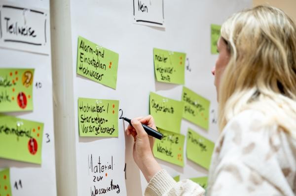 Eine Person notiert bei einem Workshop Prioritäten auf einer Wand mit grünen Klebezetteln zu Themen des Hochwasserschutzes, darunter „Alarm- und Einsatzplan Hochwasser", „Hochwasser-/Starkregen-Vorsorgekonzept" und „Objektschutz".
