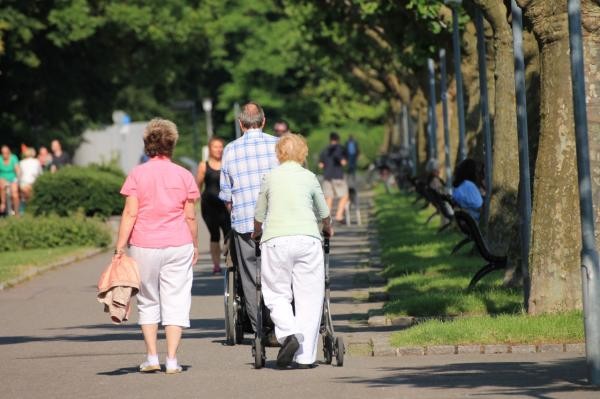 drei Personen sind von hinten zu sehen, wie sie auf einem Weg, der von Bäumen gesäumt ist, entlanglaufen Die rechte Perosn hat einen Rollator.