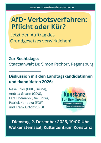 Plakat zur Information über die Veranstaltung "AfD-Verbotsverfahren: Pflicht oder Kür?"