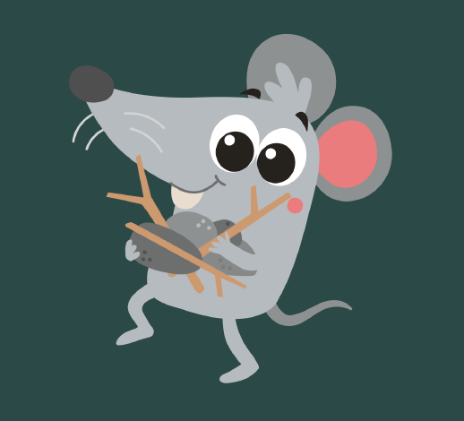 Zeichnung einer grauen Maus, die Steine und Stöckchen in den Händen hält
