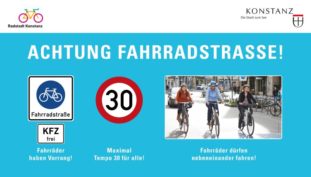 Banner mit Erklärung zu den Verkehrsregeln in der Radstraße: Vorrang für Radfahrer, Tempo 30 für alle und Radler dürfen nebeneinander fahren