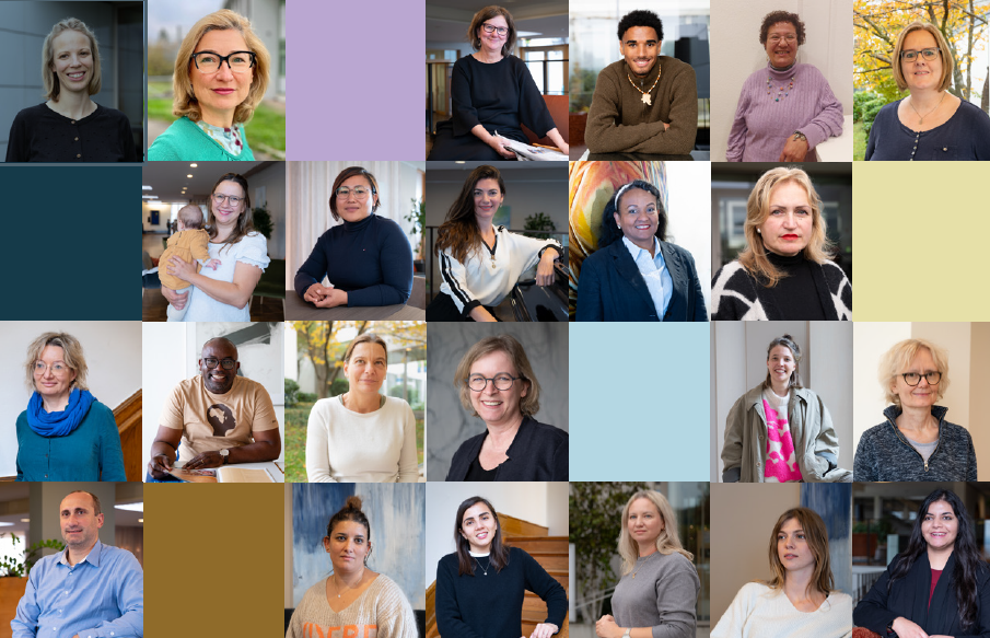 Mehrere Kacheln aus bunter Farbe und Portraits von verschiedenen Menschen bilden ein gesamtes Rechteck.