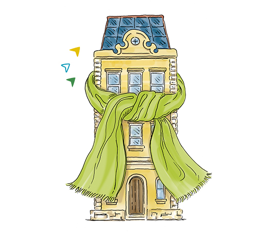 Zeichnung eines Hauses, um das ein Schal gewickelt ist