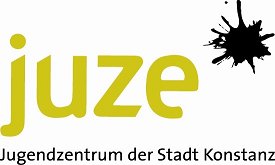 Logo des Jugendzentrums in gelber Schrift juze, darunter in schwarzer Schrift Jugendzentrum der Stadt Konstanz und oben rechts ist ein schwarzer Klecks