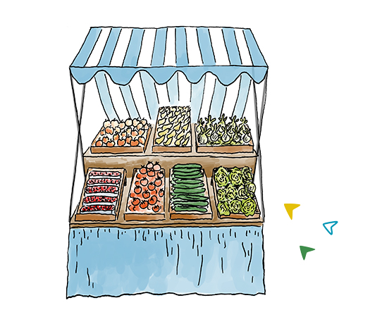 Zeichnung eines Marktstandes mit Obst und Gemüse in der Auslage