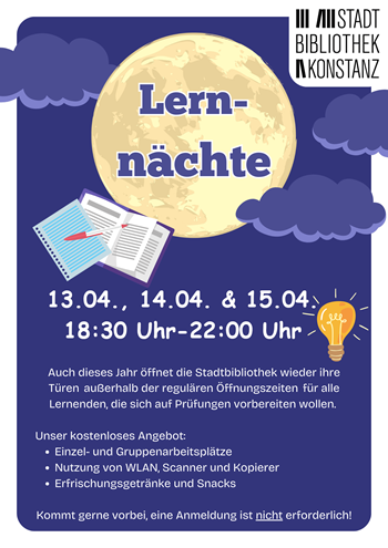 Plakat mit Mond, Wolken, Stift und Block, das zu den Lernnächten am 13.,14. und 15.4. einlädt