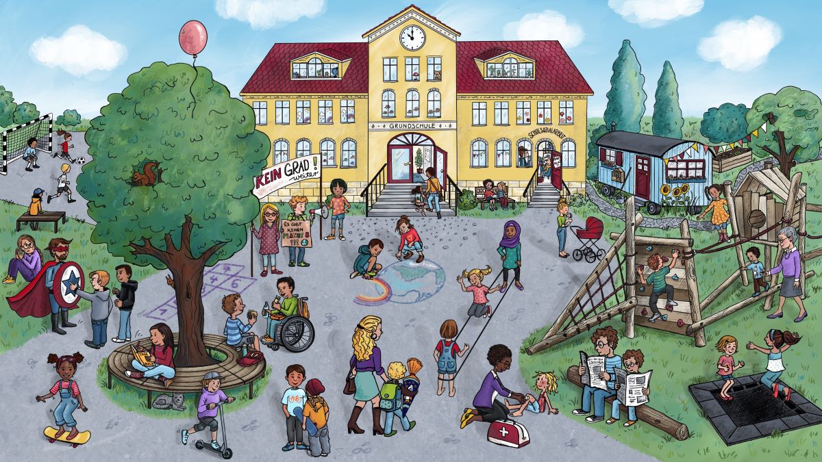 Spielende Kinder auf Pausenhof vor dem Schulgebäude