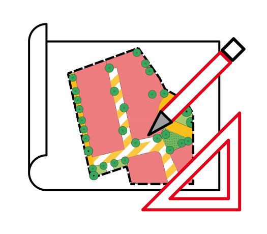Zeichenblatt mit einem Bebauungsplan, Stift und Geodreieck
