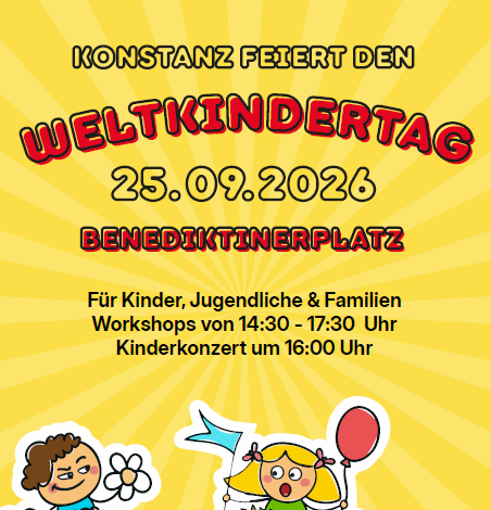 Plakat zum Weltkindertag mit Uhrzeiten und Tag