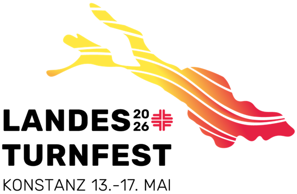 Logo des Landesturnfest mit einer Grafik des Bodensees in den Farben gelb und rot als Verlauf