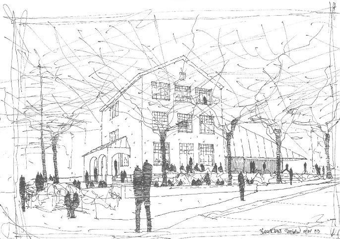 Zeichnung der Ansicht des alten Schulhauses in Dettingen