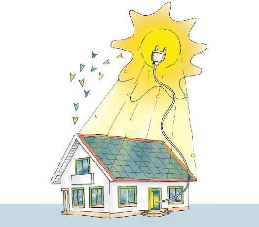 Zeichnung eines Hauses mit einer Solaranlage auf dem Dach, von oben scheint die Sonne