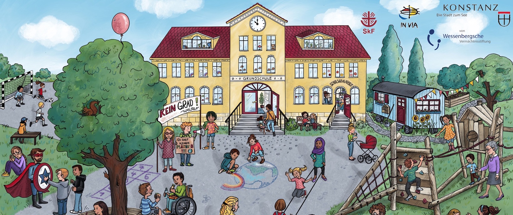 Schulgebäude mit Pausenhof