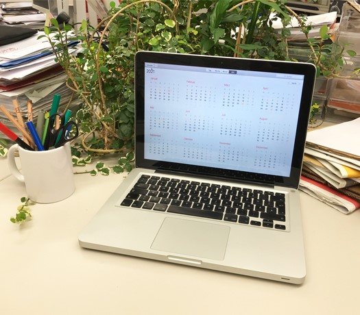 Laptop mit Kalenderansicht auf einem Schreibtisch, im Hintergrund Pflanzen, Zeitschriften und Schreibutensilien